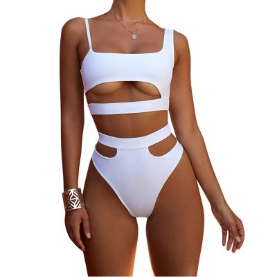 White bikini two piece hollow out swimwear (1)